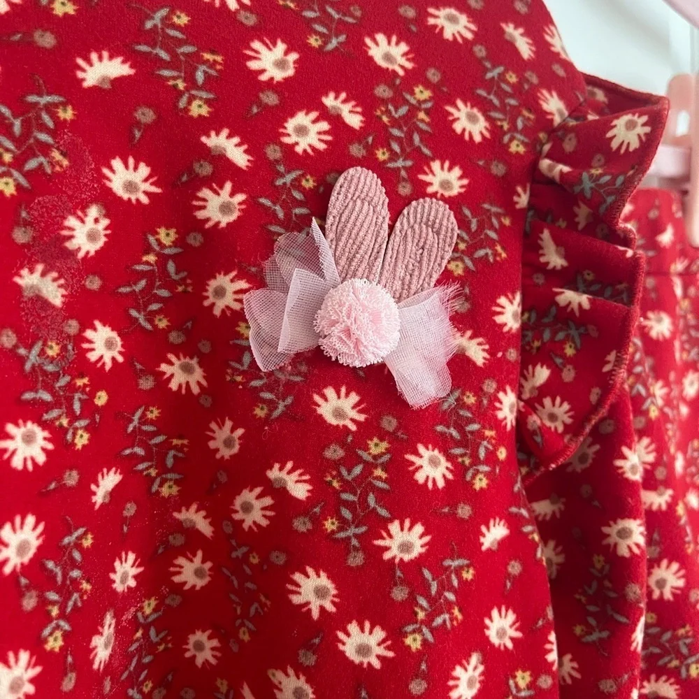 Floral Red Kids Sets Velour Christmas/New Year's Party